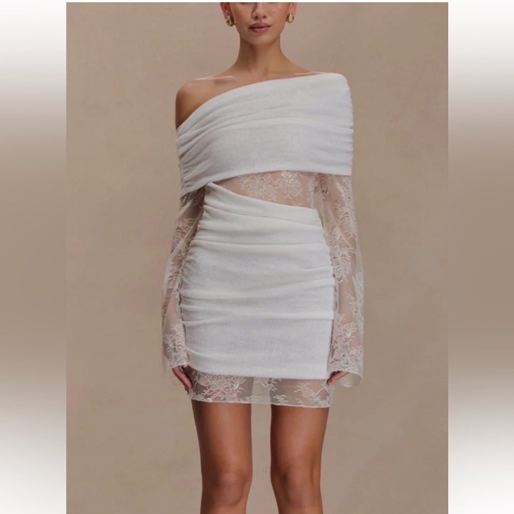 Meshki White Off-Shoulder Lace Mini Dress